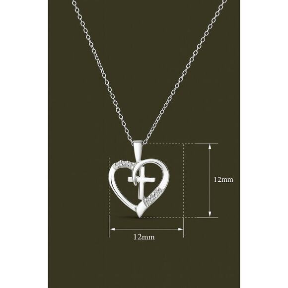 Diamond Heart Cross Necklace Sterling Silver Lab Grown Diamond Pendant Religious - Picture 3 of 5